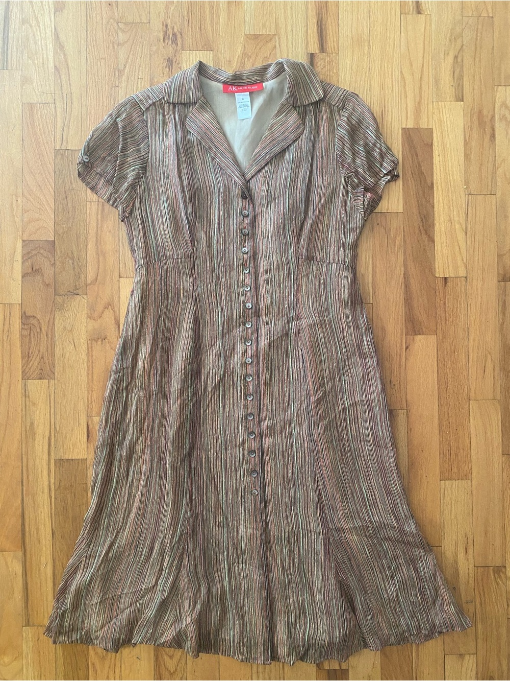 Vintage AK Anne Klein 100% Silk Multi Stripe Dress Earth Tones Size 8